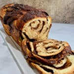 Chocolate Fudge Babka sliced viewed from side.