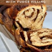 Chocolate Fudge Babka sliced viewed from side Pinterest banner.