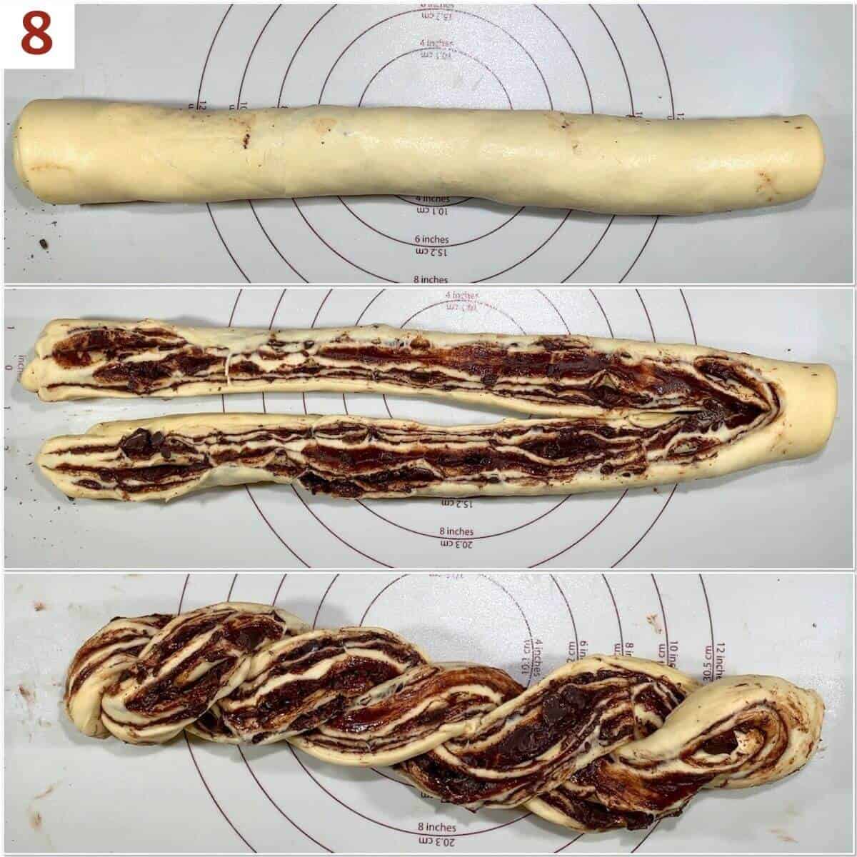 Collage of cutting and twisting babka dough.