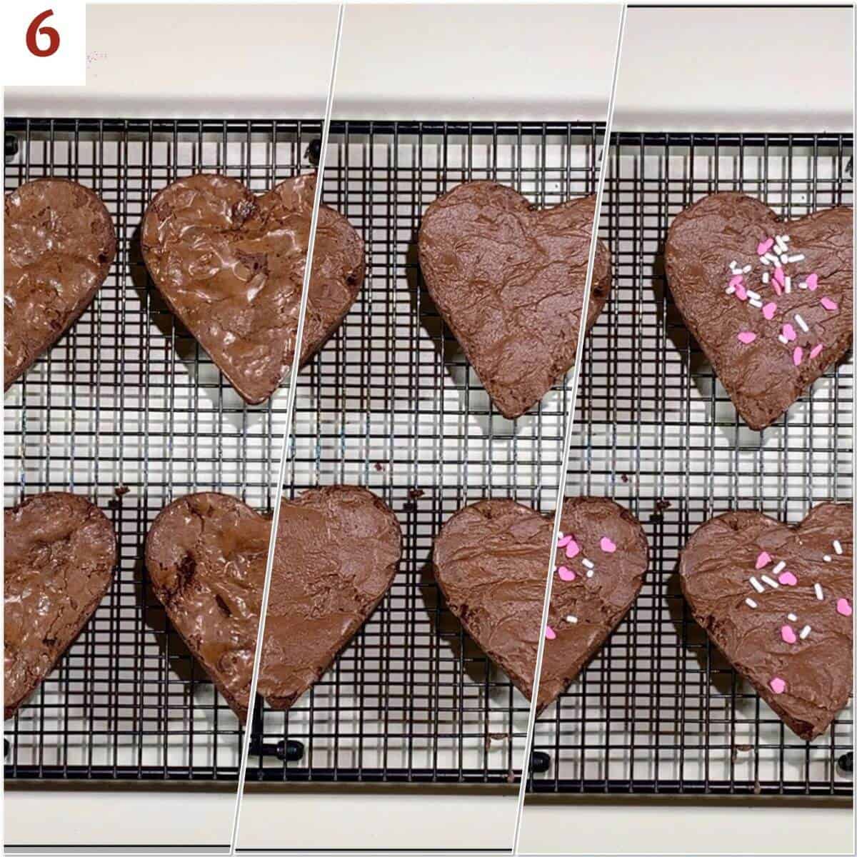 Collage of decorating Heart Shaped Frosted Fudge Brownies on a wire rack.