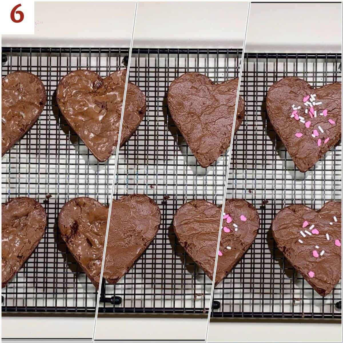 Collage of decorating Heart Shaped Frosted Fudge Brownies on a wire rack.