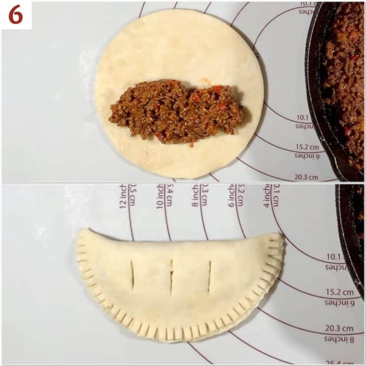 Collage of filling & crimping pasties.