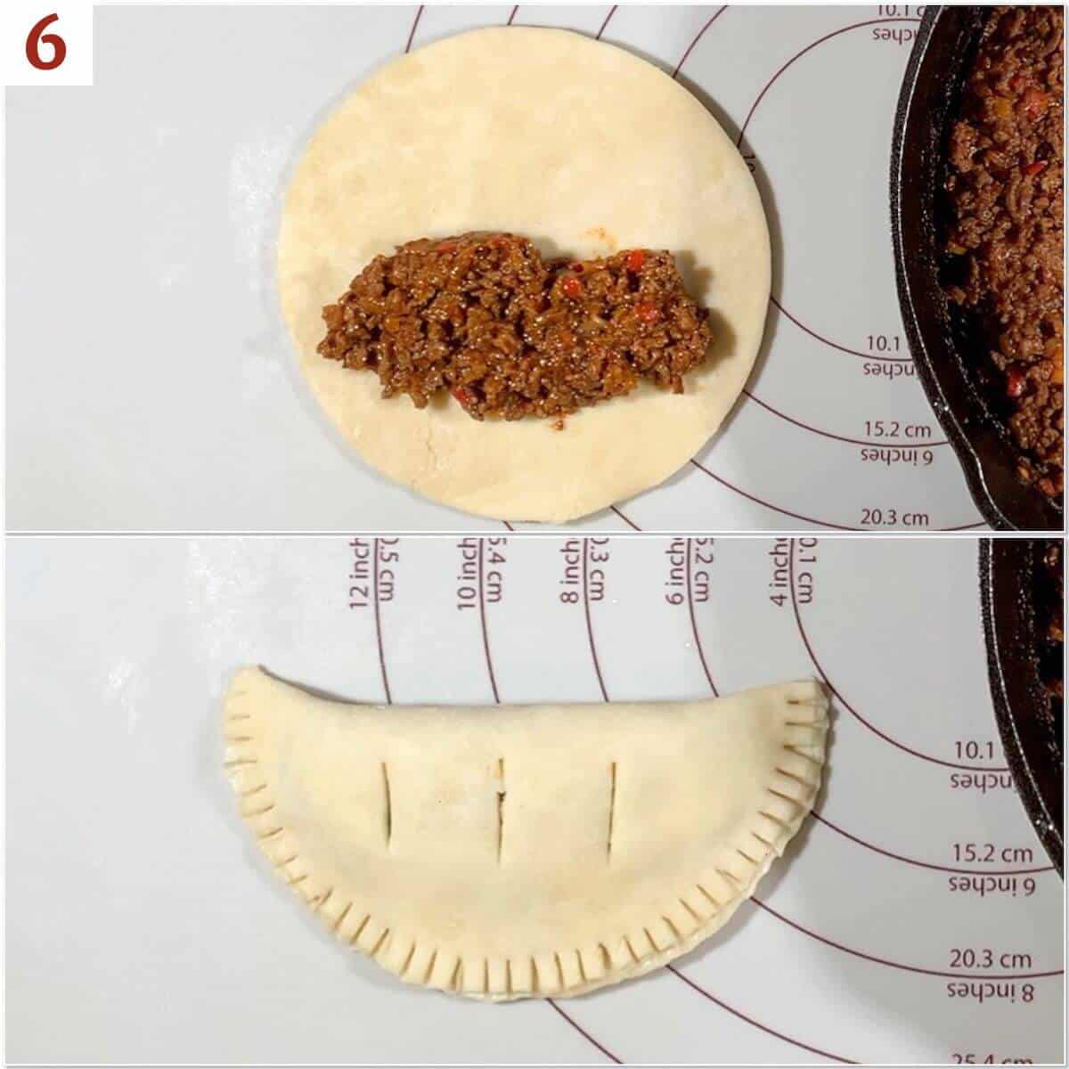 Collage of filling & crimping pasties.