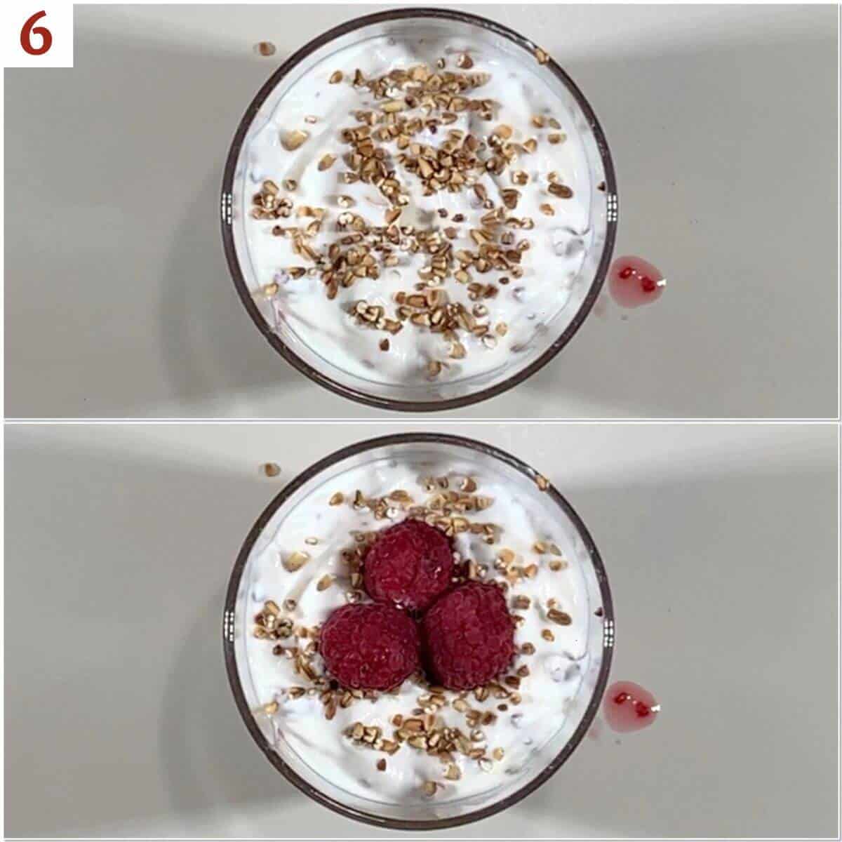 Collage of layering a glass with raspberries, whipped cream mixed with oats, toasted oats, and fresh raspberries.