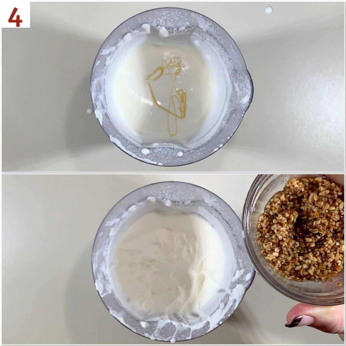Collage of adding honey and scotch-soaked steel cut oats.