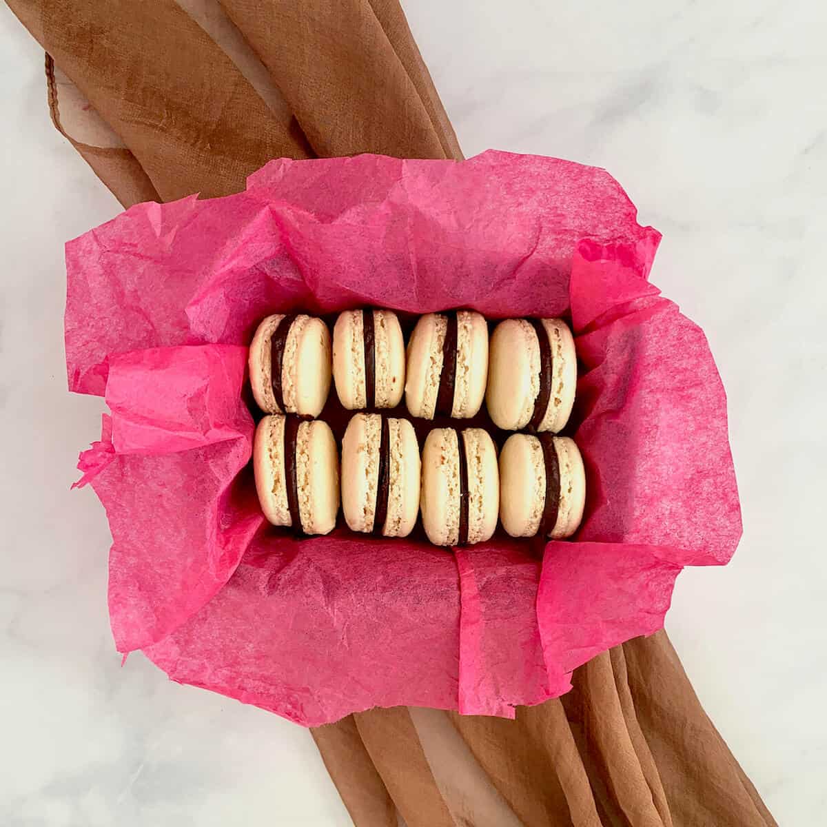 Italian Meringue Macarons on side boxed inside pink tissue paper.