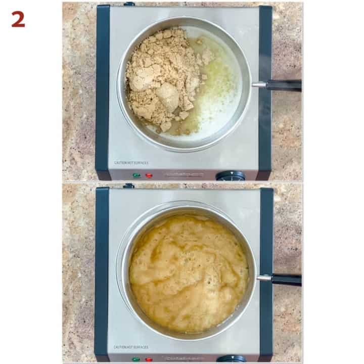 Collage of before & after making toffee in a saucepan.