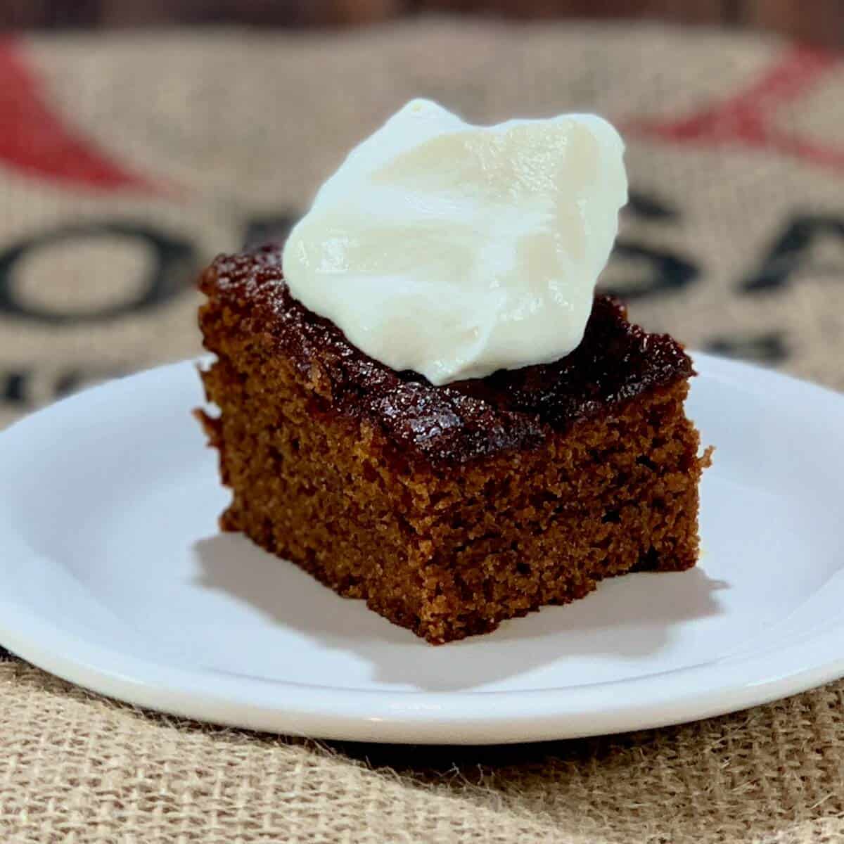 Sourdough gingerbread plated with whipped cream on a white plate.