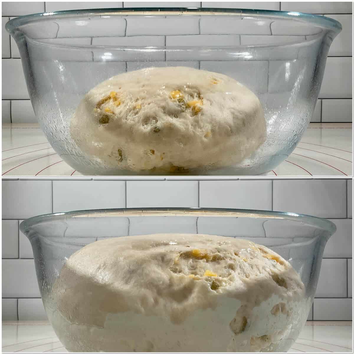 Collage of Sourdough Jalapeño Cheddar Bread before & after rising from side.