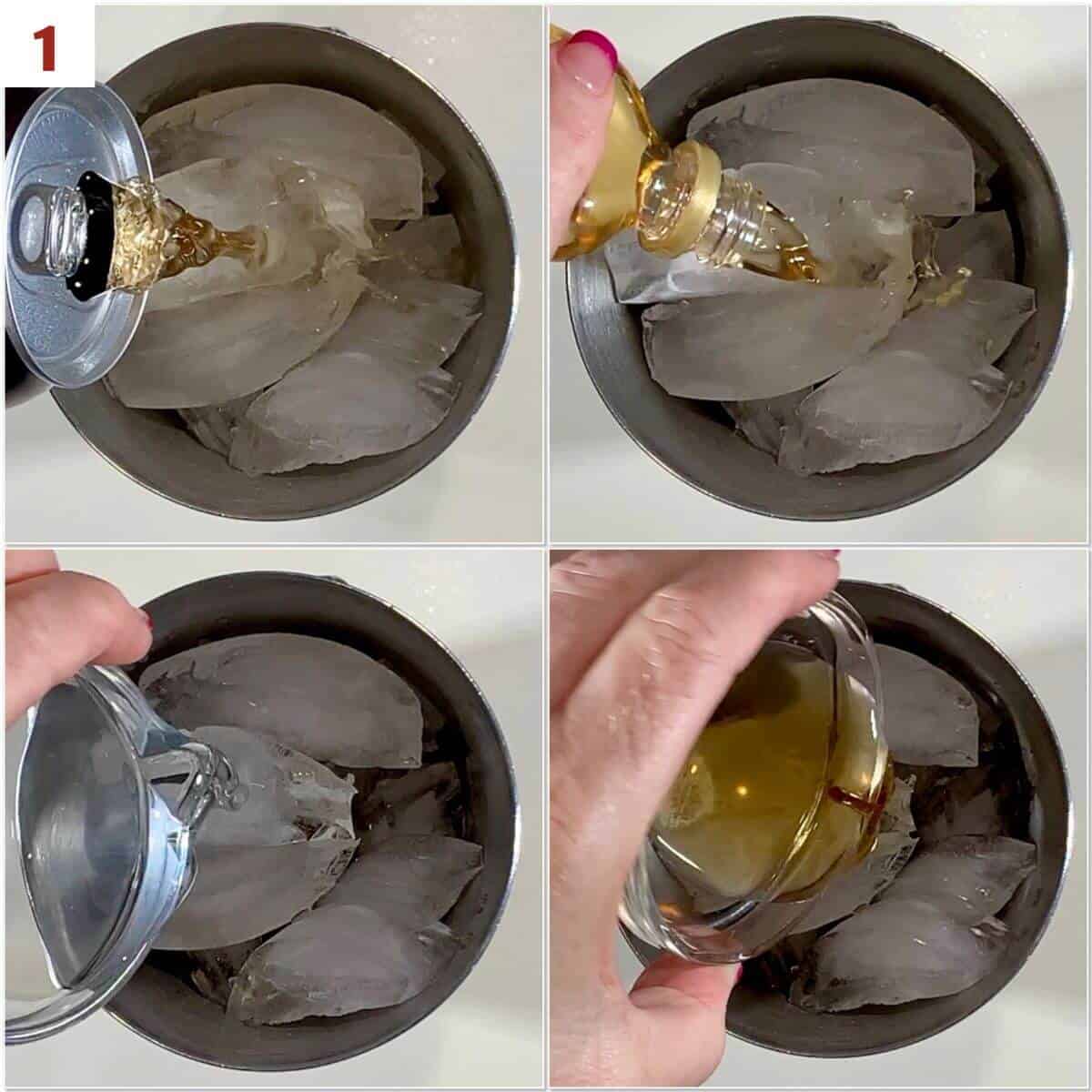 Collage of adding cream & liqueurs to a cocktail shaker filled with ice.