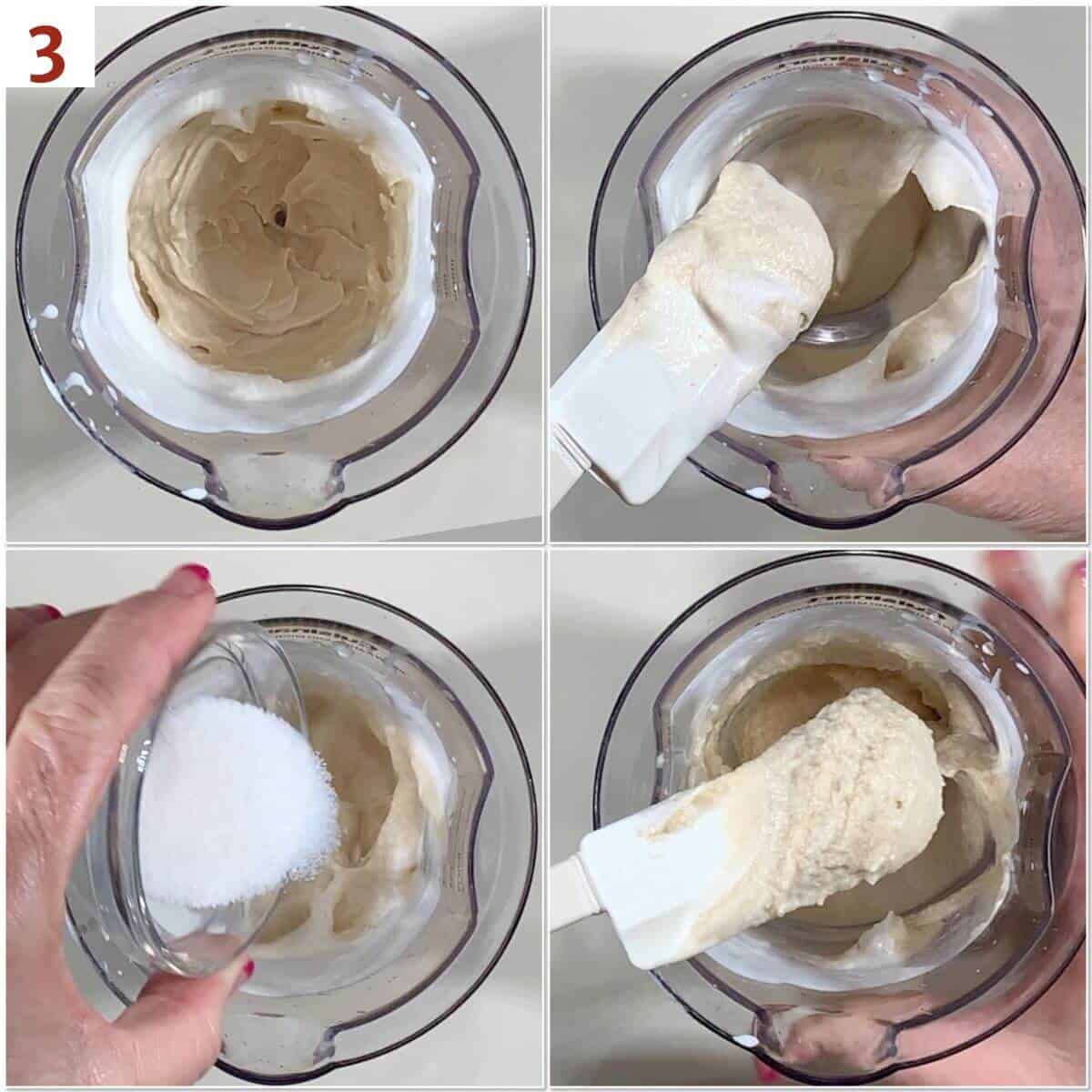 Collage of adding sugar to butterscotch whipped cream.
