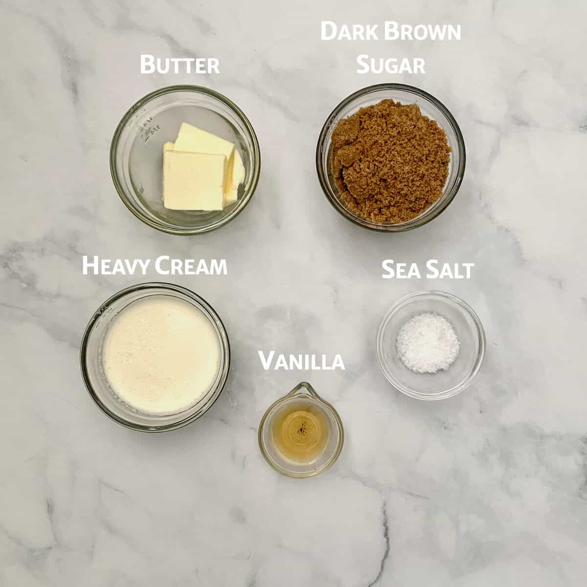 Butterscotch Sauce ingredients portioned into glass bowls.