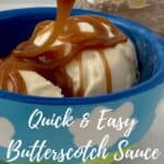 Pouring butterscotch Sauce on vanilla ice cream Pinterest banner