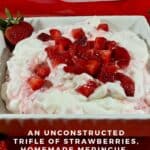 Eton Mess in a bowl on red scarf Pinterest banner.