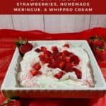 Eton Mess in a bowl on red scarf Pinterest banner.