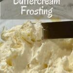 Italian Meringue Buttercream in glass bowl with some lifted on spatula Pinterest banner.