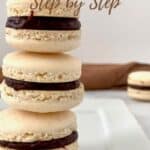 Italian Meringue Macarons stacked on white plate with some in background Pinterest banner.