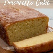 Limoncello Cake loaf sliced on a cutting board Pinterest banner.