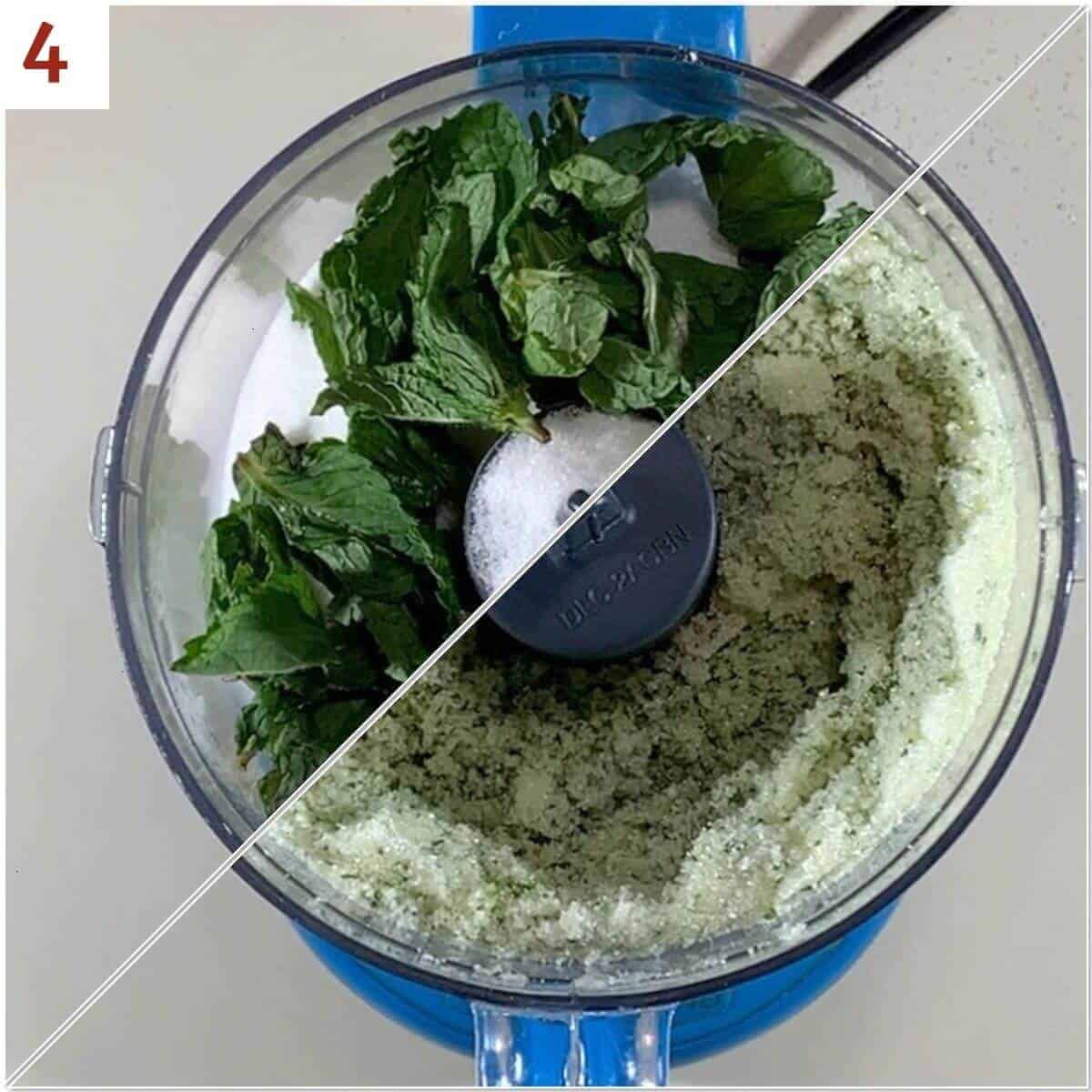 Collage of before & after making mint sugar in a food processor.