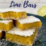 Mint Lemon Lime Bars stacked on blue plate Pinterest banner.