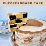 Chocolate and vanilla checkerboard cake slice lifted from cake Pinterest banner.