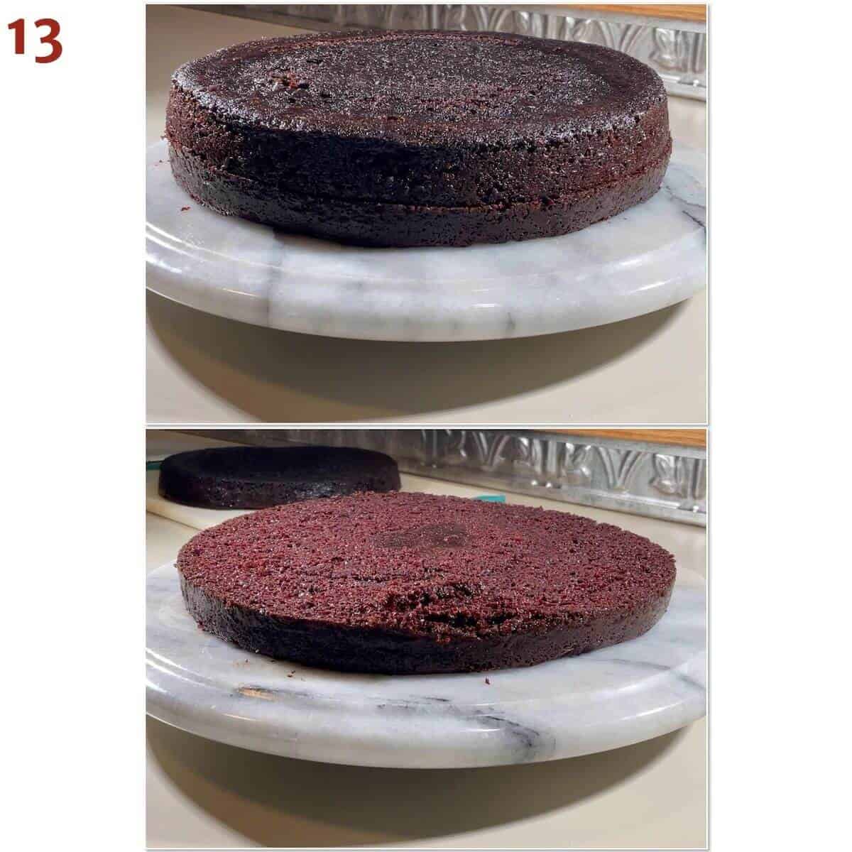 Collage of splitting a chocolate cake into 2 layers.