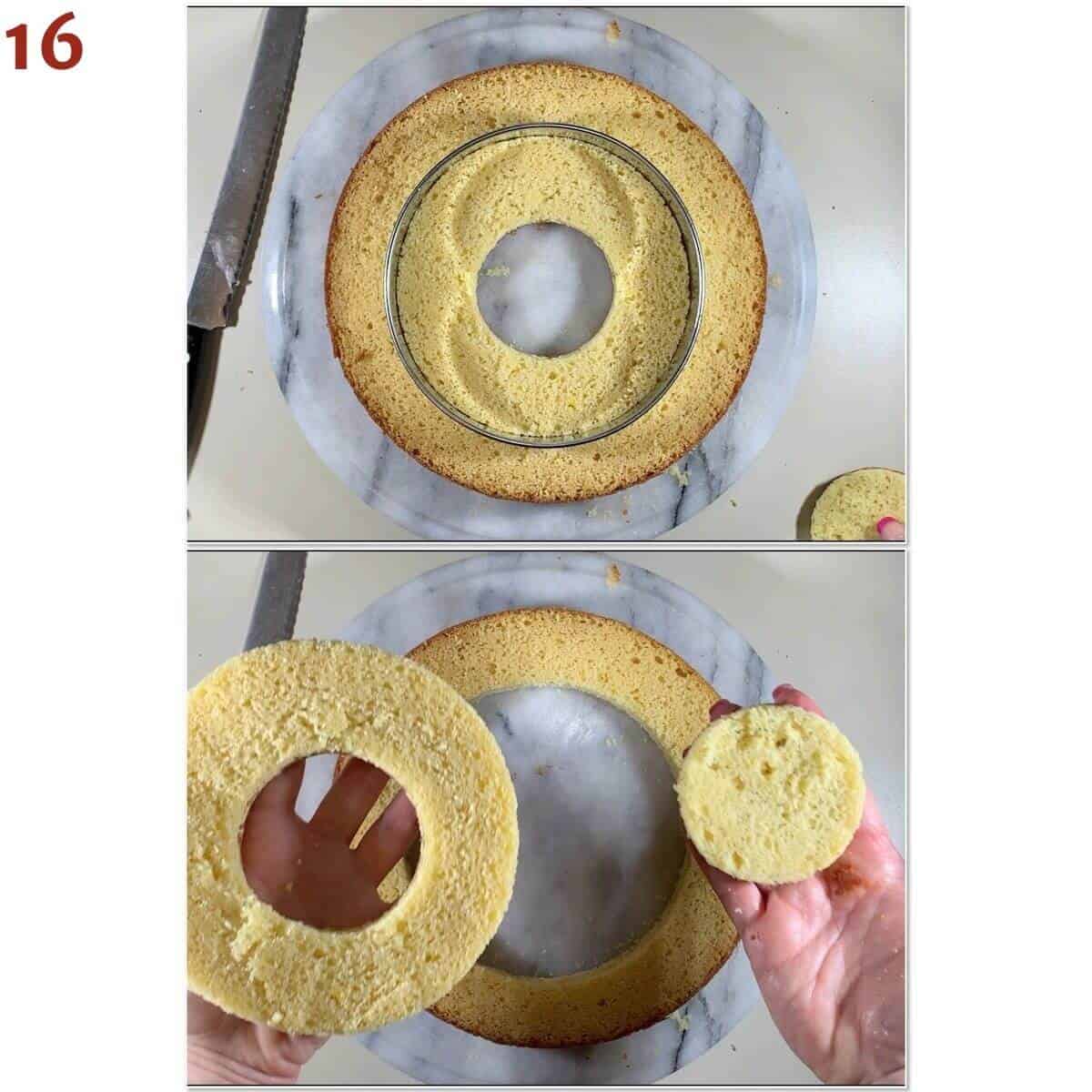 Collage of cutting rings out of vanilla cake to make a checkerboard