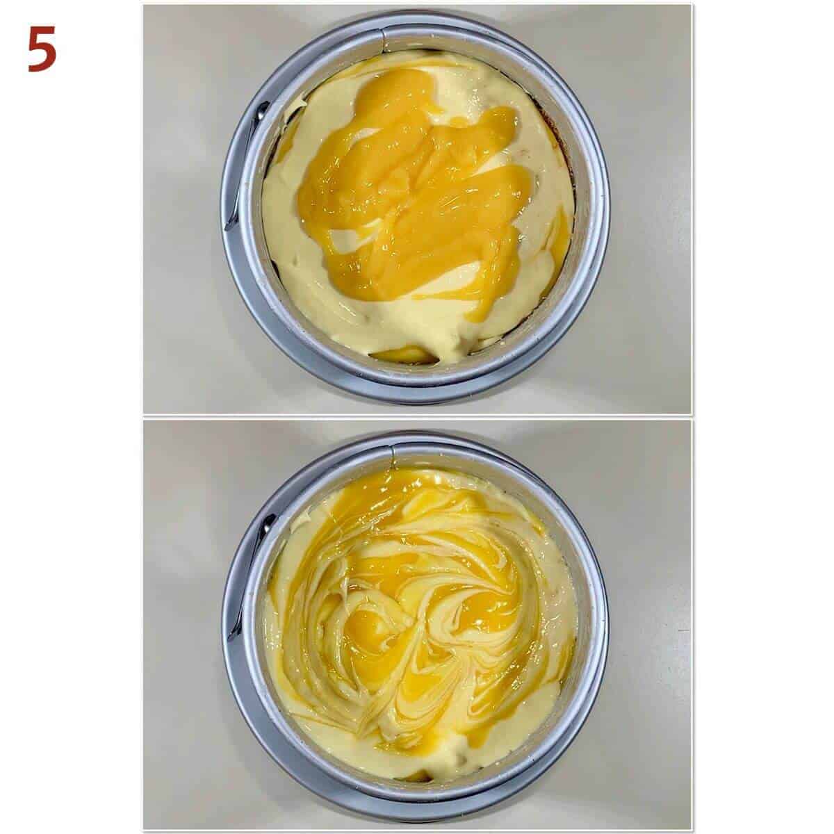 Collage of marbling lemon curd into cheesecake base.