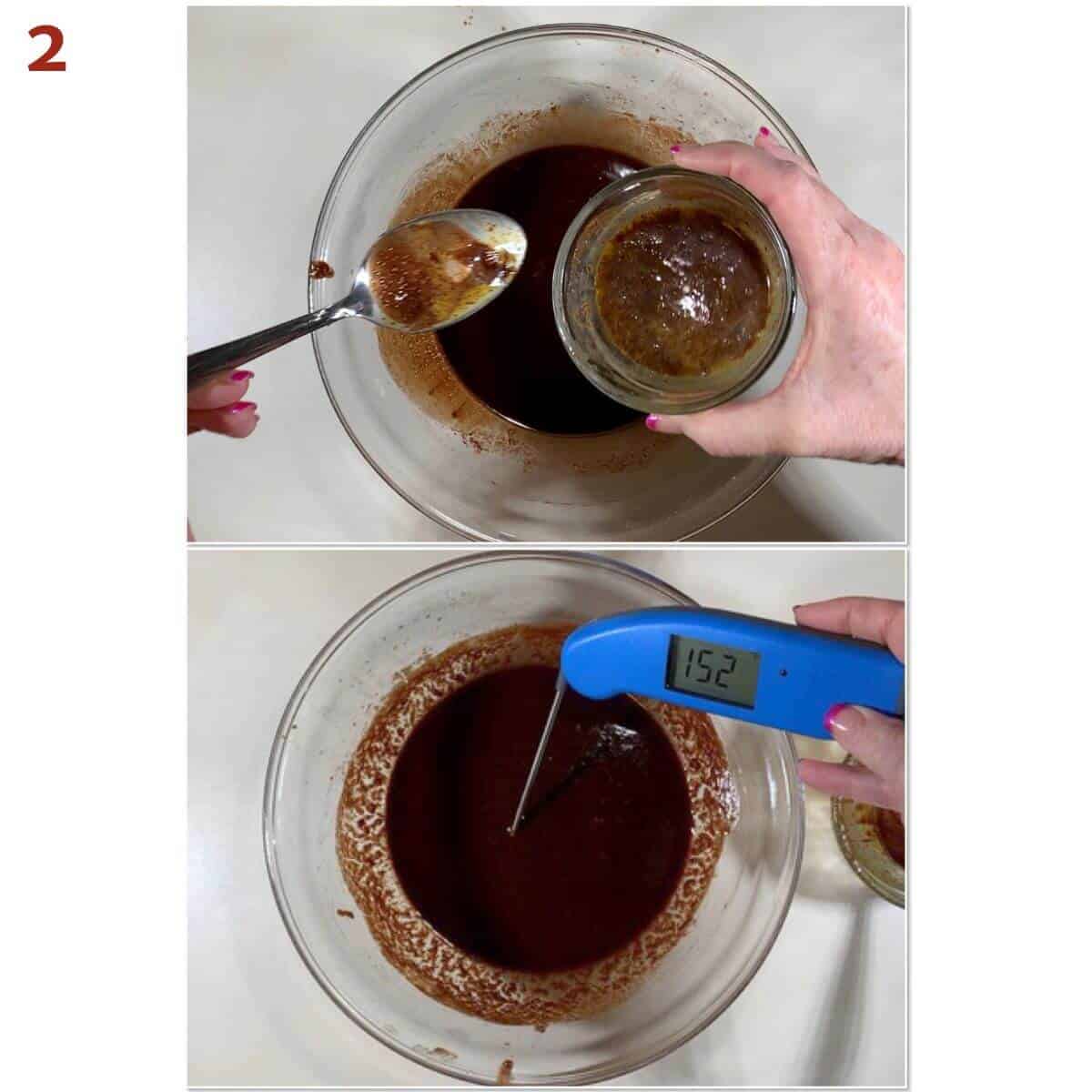 Collage of tempering egg into chocolate mixture & checking it's temperature.