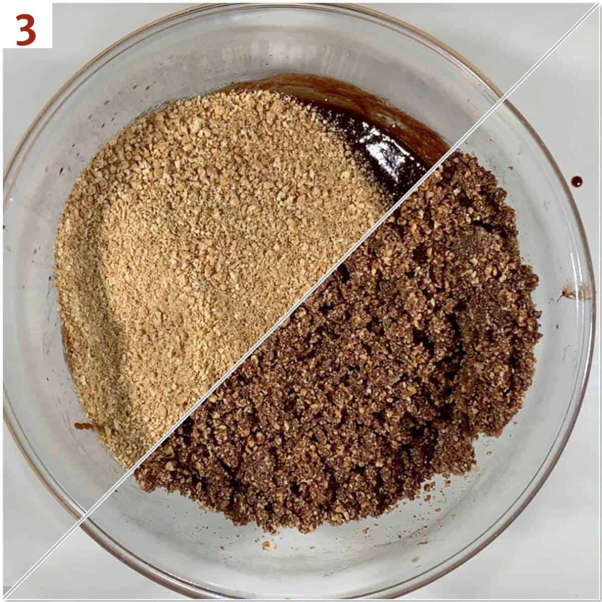 Collage of before & after folding graham crackers into chocolate mixture.