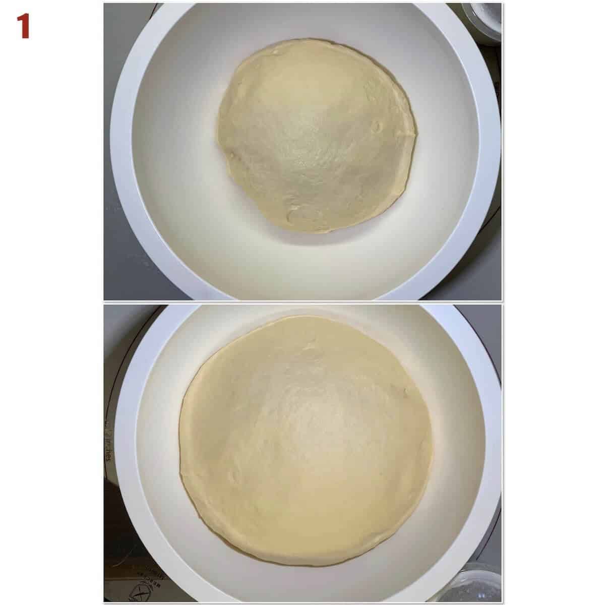 sourdough dinner roll dough in white bowl before & after rising collage