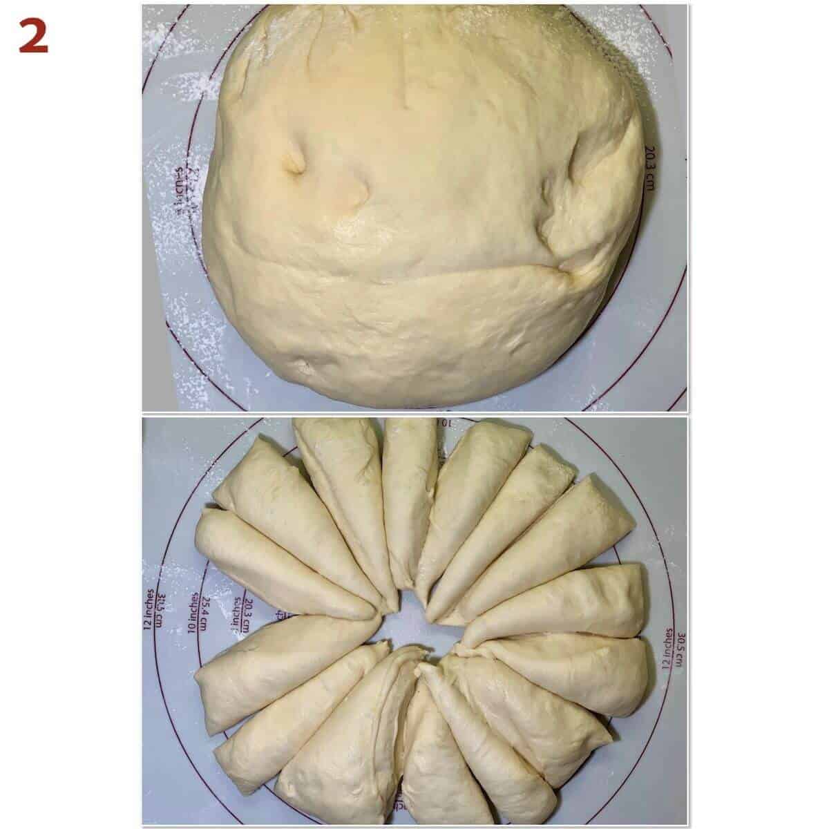 sourdough dinner roll dough on pastry mat before & after portioning collage