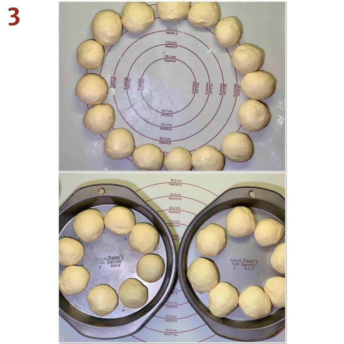 shaped sourdough dinner roll dough on pastry mat and separating into round baking pans collage