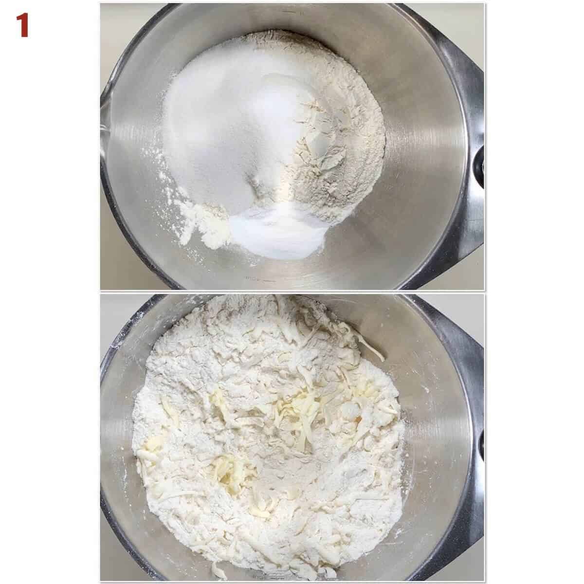 Collage of mixing flour & cutting in butter for shortcake dough in a metal mixing bowl.