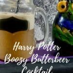 Butterbeer in a mason jar next to a glass owl on a book Pinterest banner.