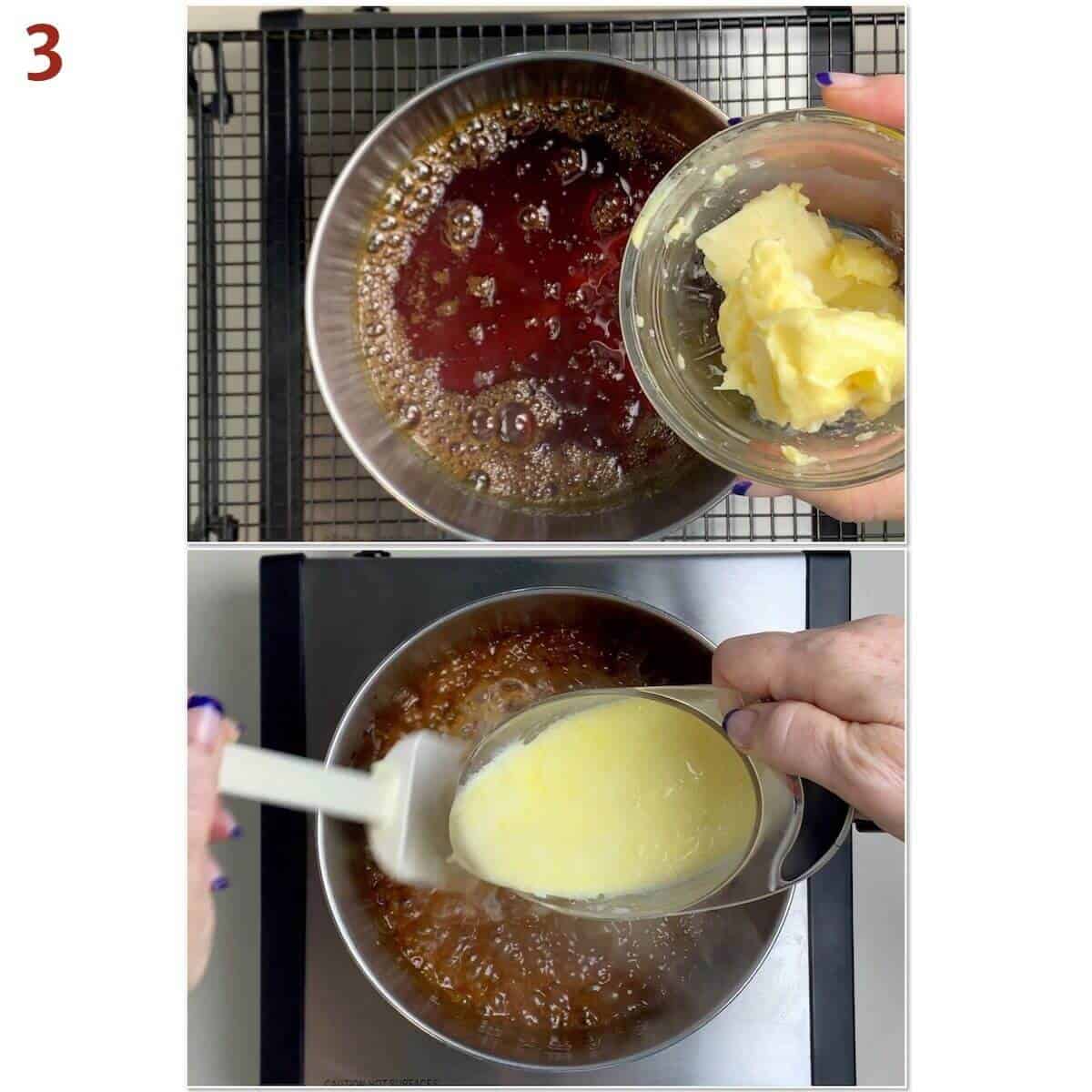 Collage of adding butter and cream to caramelized sugar.