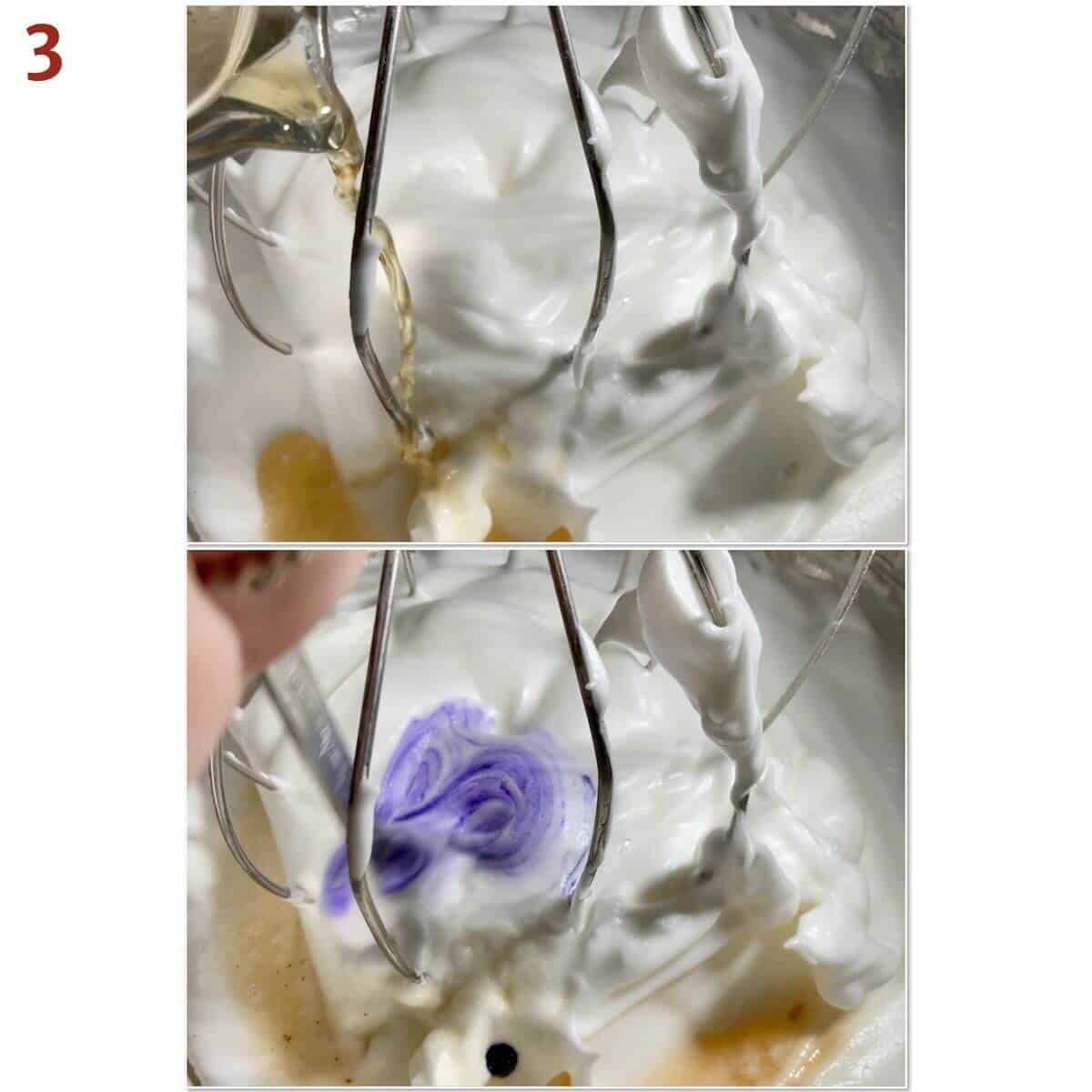 Collage of flavoring and coloring meringue in a mixing bowl.