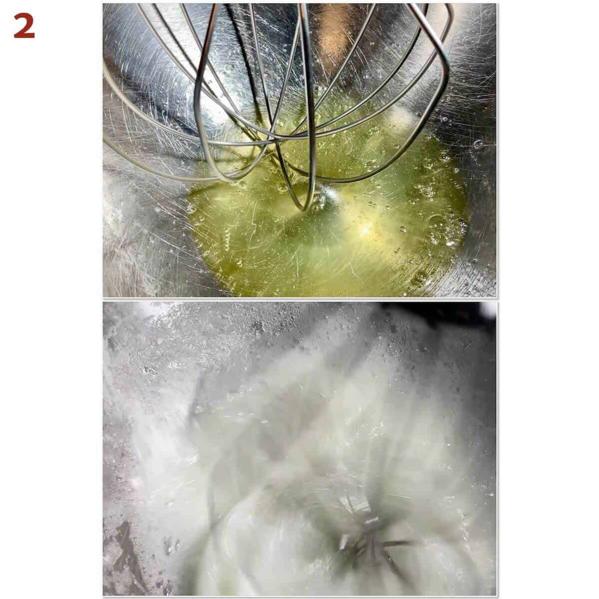 Collage of whipping egg whites in mixing bowl into meringue.