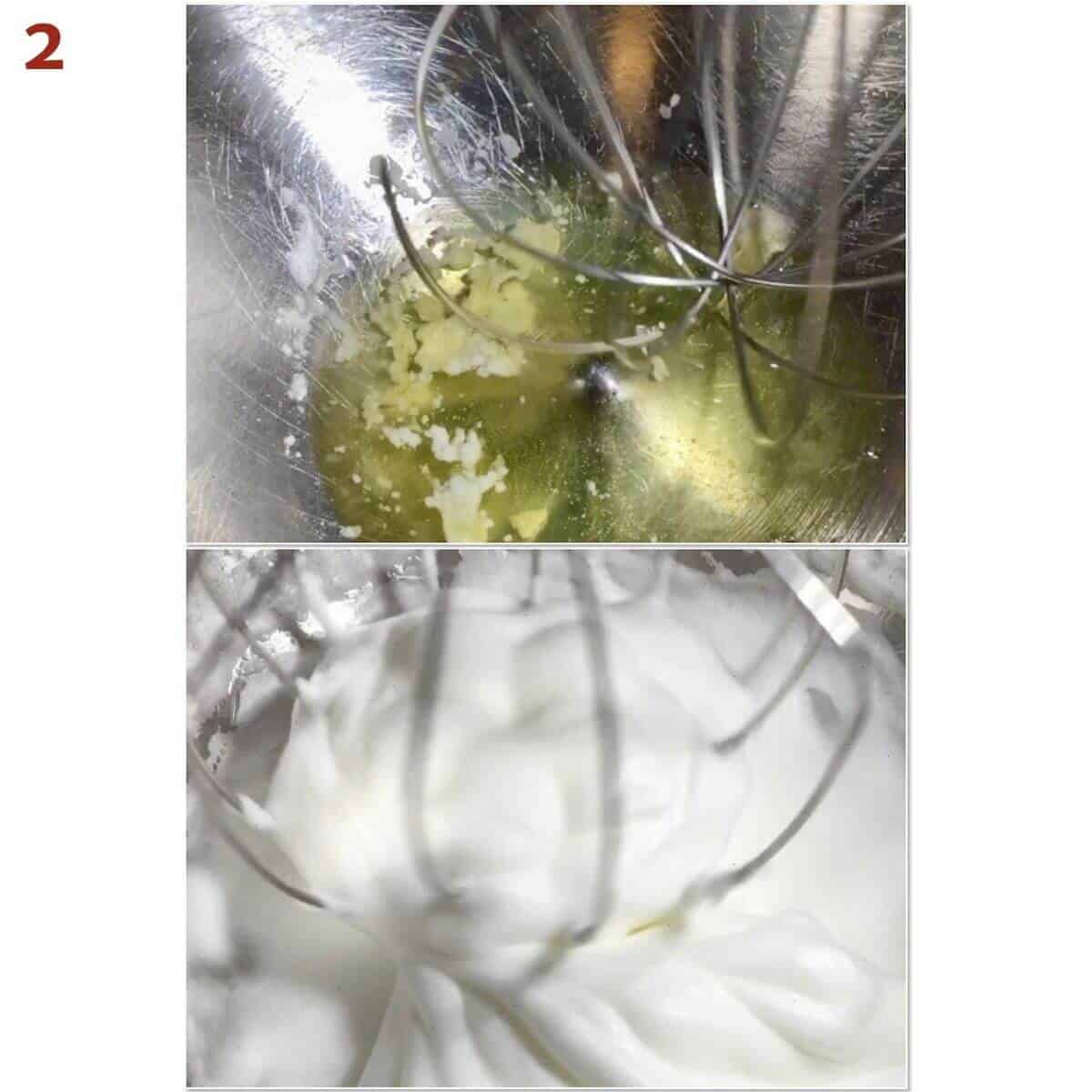 Collage of whipping egg whites into meringue.
