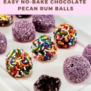 Rum balls with different topping with one bitten on a white plate Pinterest banner.