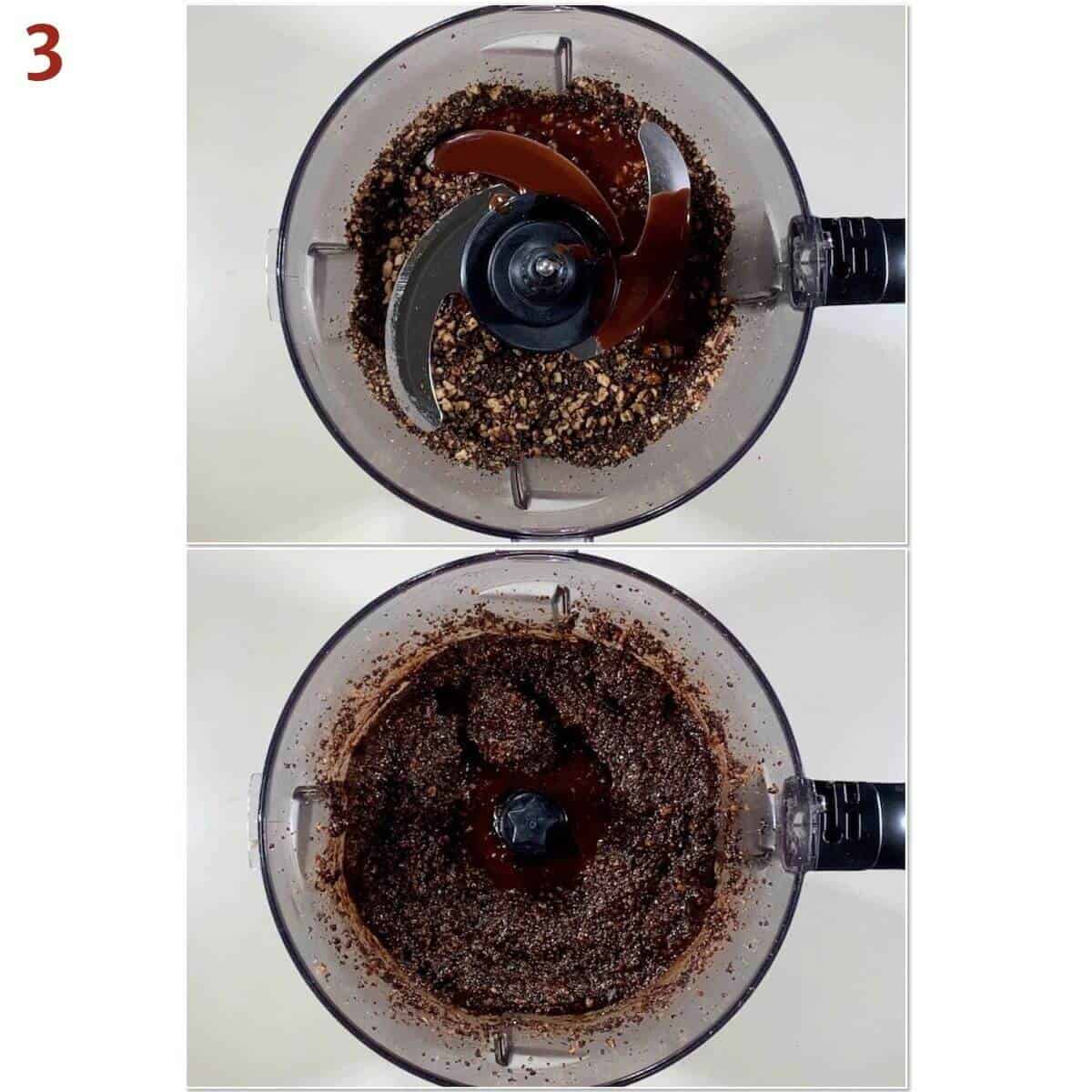 Collage of before and after adding rum ball base to coookie crumbs & pecans in a food process bowl.