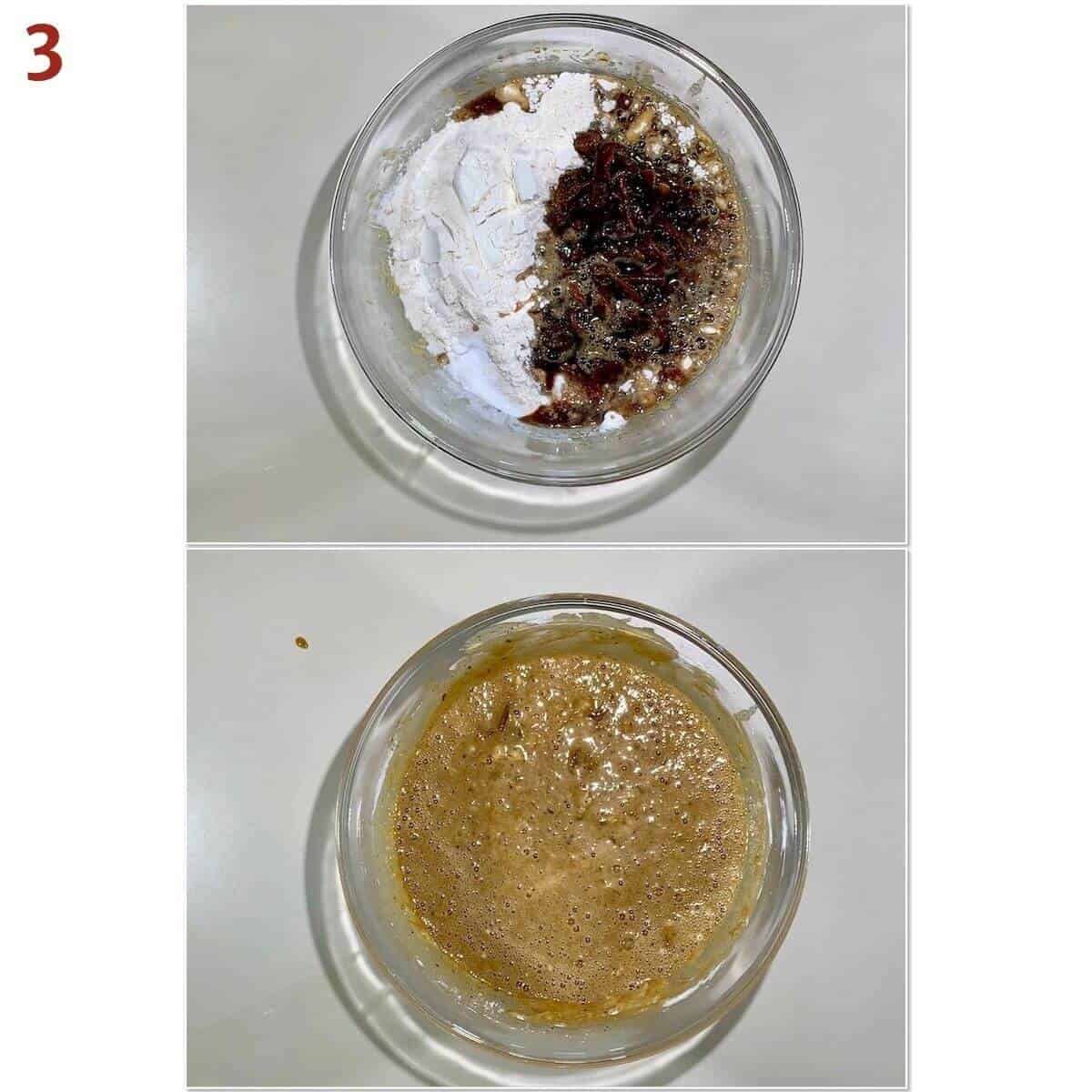 collage of mixing flour & dates into Sticky Toffee Pudding batter.