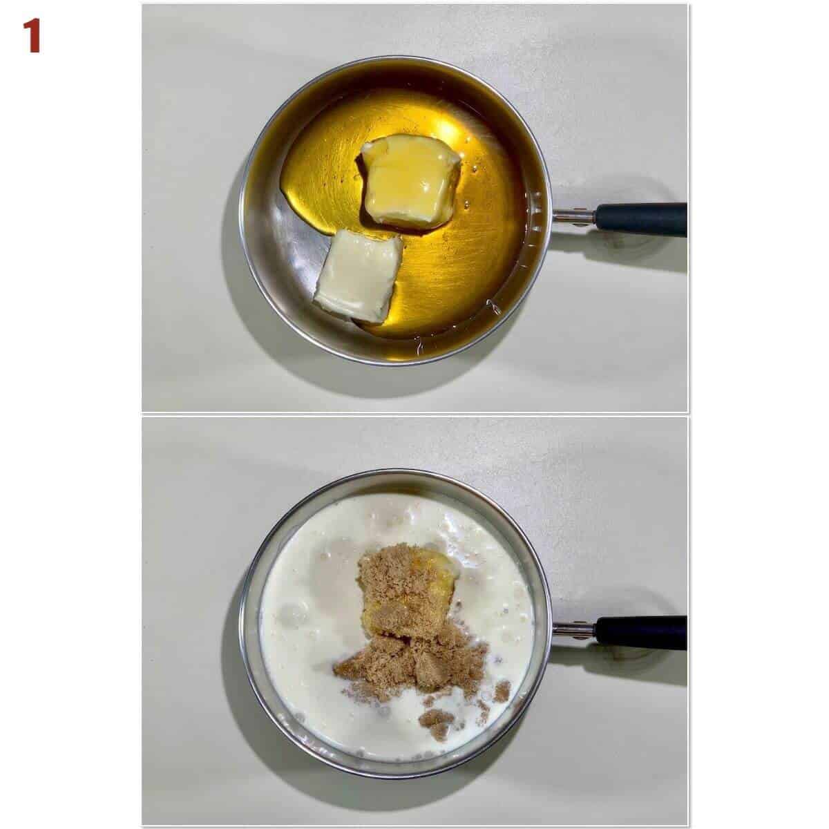 Collage of mixing butter, golden syrup, heavy cream, and brown sugar in a saucepan.