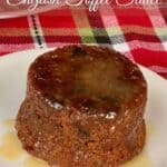 Sticky Toffee Pudding on white plate on plaid napkin Pinterest banner.