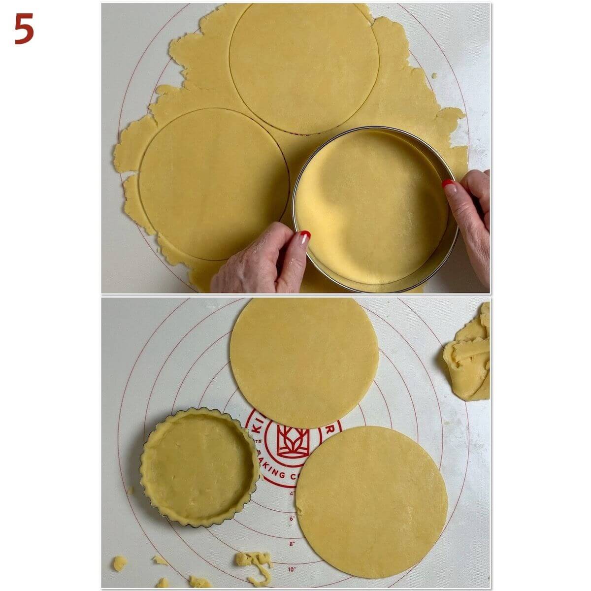 Collage of cutting out shortbread circles for mini tarts.