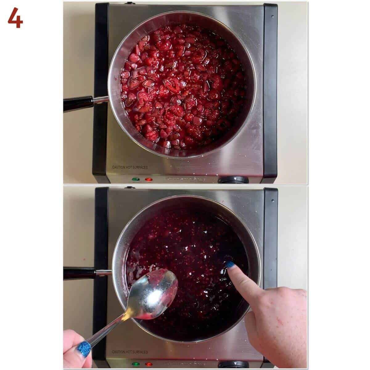 Collage of boiling Raspberry & Kirsch Cherry jam.