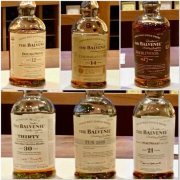 Collage of the Balvenie lineup bottles on a counter.