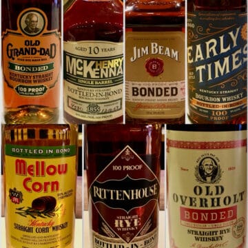 Collage of bottled in bond bourbon bottle labels.