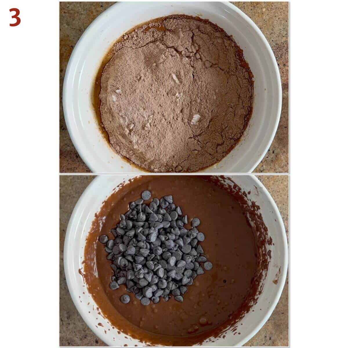 Collage of mixing in the flour mixture and chocolate chips into the batter.