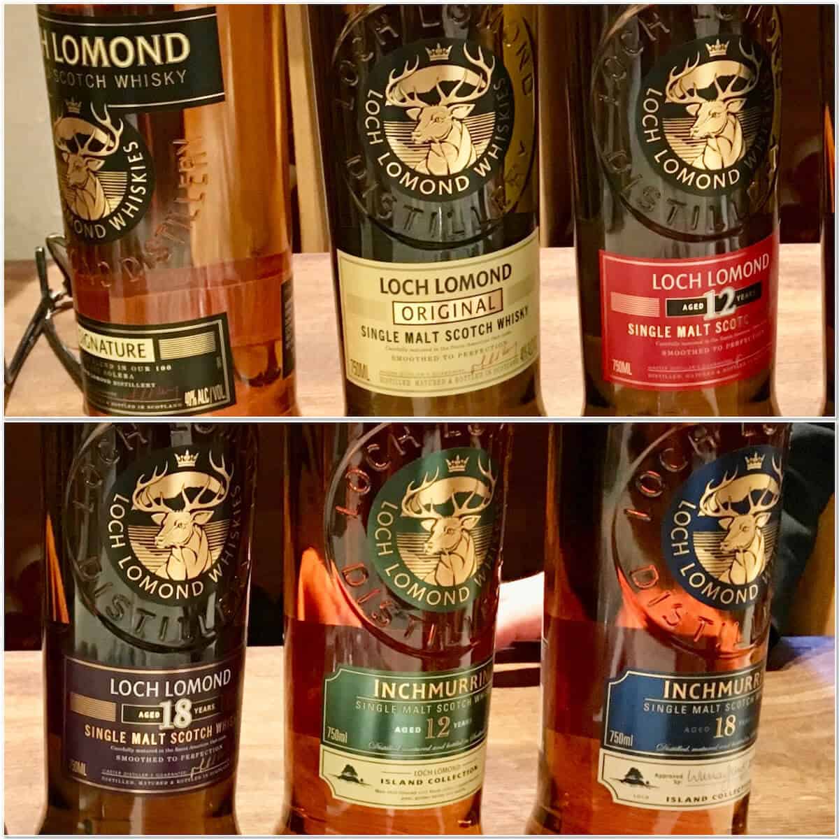 Collage of Loch Lomond whisky lineup in bottles.